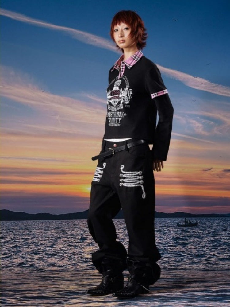 Centipede Webbing Palace Vintage Original Cowhide Lace Button Straight-Leg Pants【s0000017960】