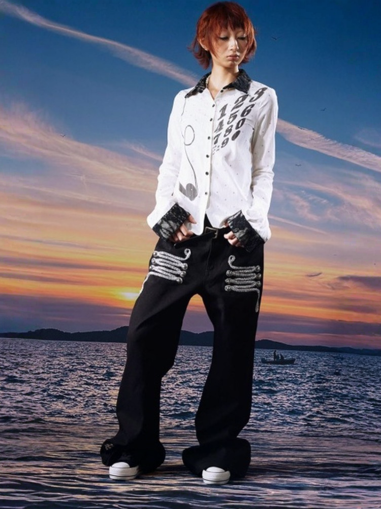 Centipede Webbing Palace Vintage Original Cowhide Lace Button Straight-Leg Pants【s0000017960】
