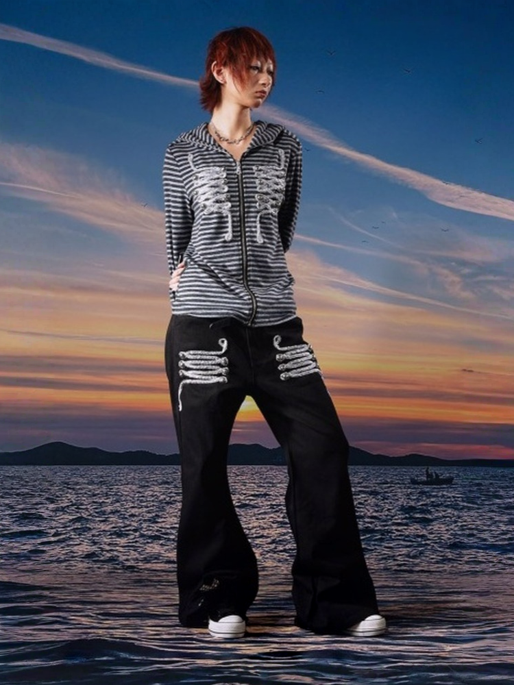 Centipede Webbing Palace Vintage Original Cowhide Lace Button Straight-Leg Pants【s0000017960】
