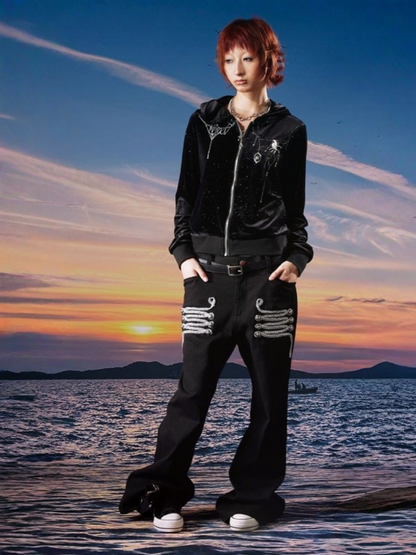 Centipede Webbing Palace Vintage Original Cowhide Lace Button Straight-Leg Pants【s0000017960】