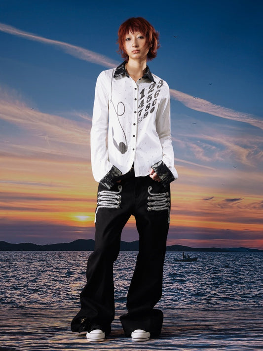 Centipede Webbing Palace Vintage Original Cowhide Lace Button Straight-Leg Pants【s0000017960】
