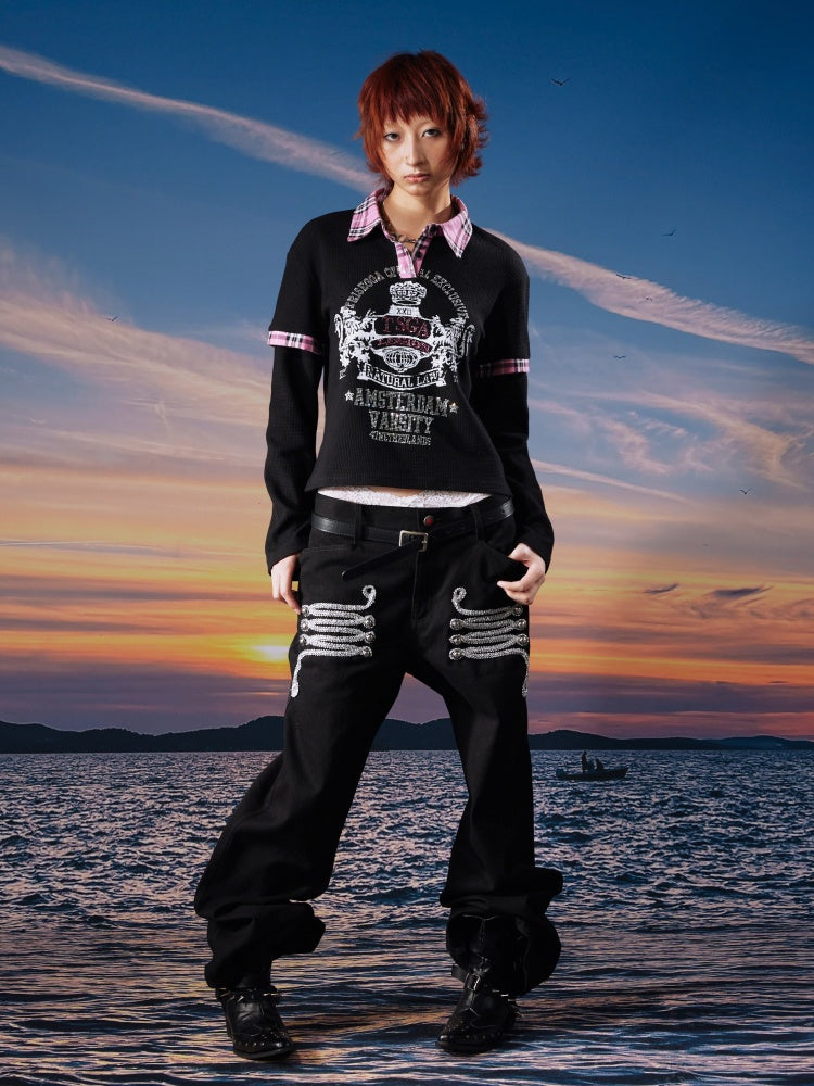 Centipede Webbing Palace Vintage Original Cowhide Lace Button Straight-Leg Pants【s0000017960】