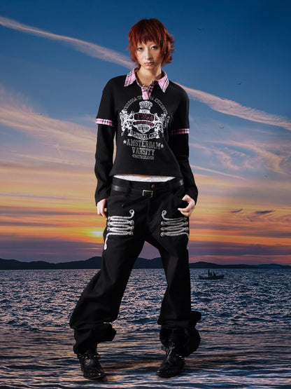 Centipede Webbing Palace Vintage Original Cowhide Lace Button Straight-Leg Pants【s0000017960】