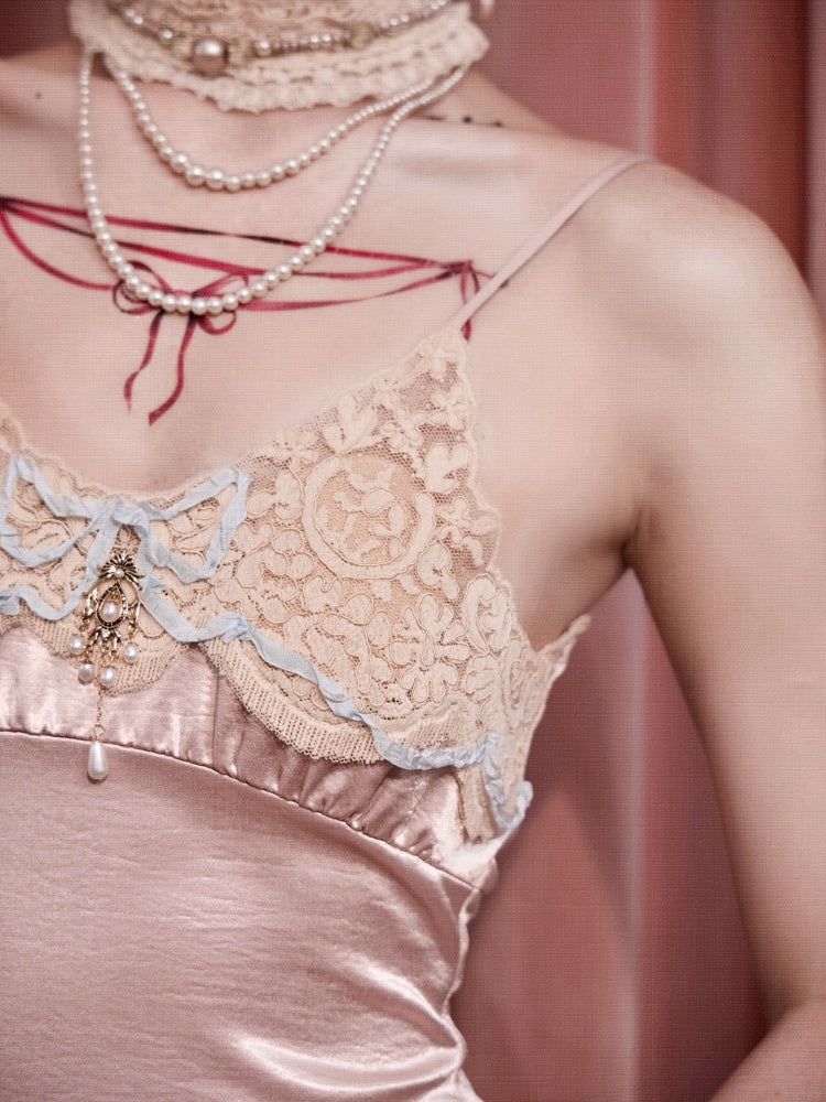 French Rococo Vintage Pink Bow Satin Slip Dress【s0000018008】