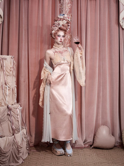 French Rococo Vintage Pink Bow Satin Slip Dress【s0000018008】