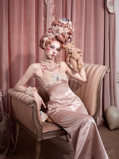 French Rococo Vintage Pink Bow Satin Slip Dress【s0000018008】