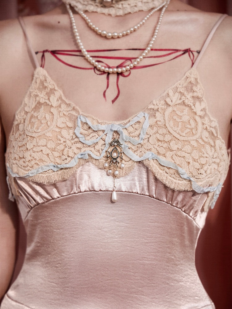 French Rococo Vintage Pink Bow Satin Slip Dress【s0000018008】