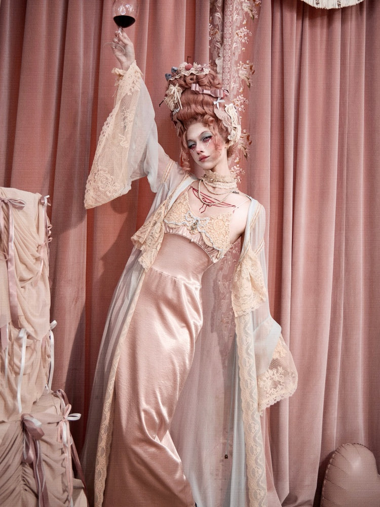 French Rococo Vintage Pink Bow Satin Slip Dress【s0000018008】