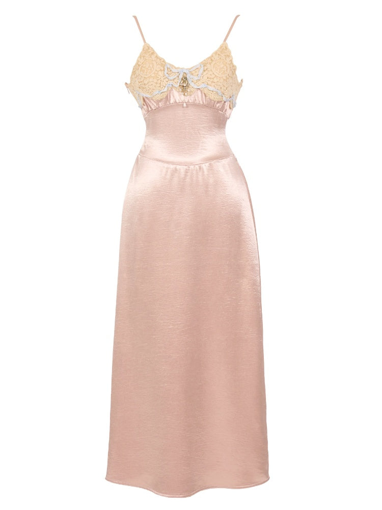 French Rococo Vintage Pink Bow Satin Slip Dress【s0000018008】
