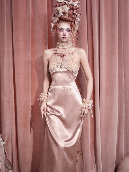 French Rococo Vintage Pink Bow Satin Slip Dress【s0000018008】