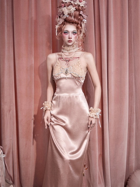 French Rococo Vintage Pink Bow Satin Slip Dress【s0000018008】