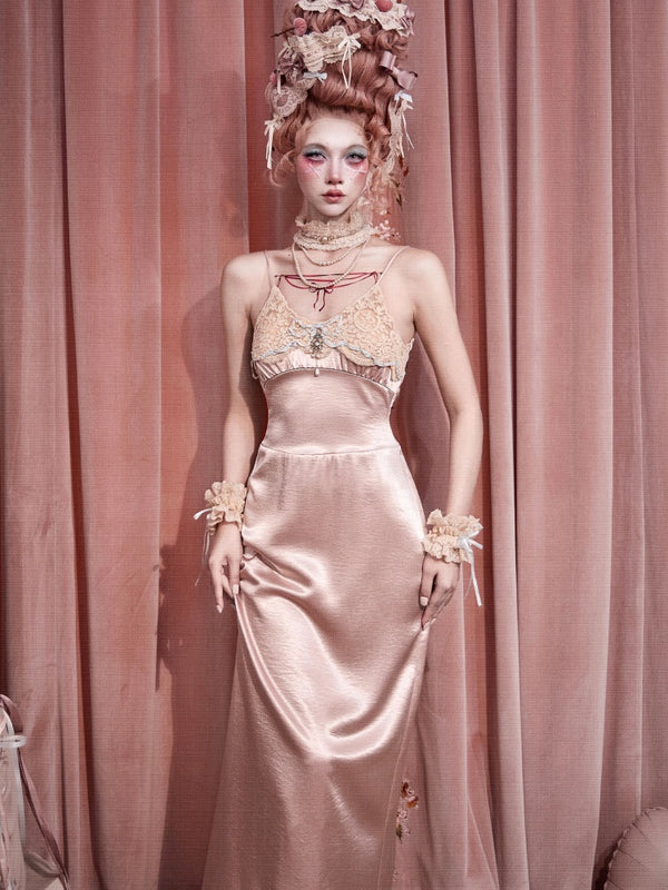 French Rococo Vintage Pink Bow Satin Slip Dress【s0000018008】