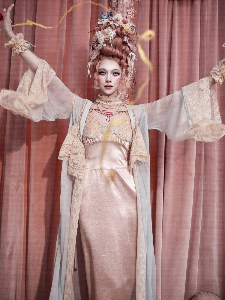 French Rococo Vintage Pink Bow Satin Slip Dress【s0000018008】