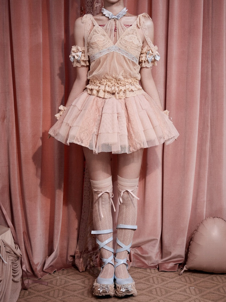 French Rococo Vintage Pink Mesh Lace Skirt Pants【s0000018009】