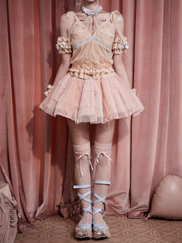French Rococo Vintage Pink Mesh Lace Skirt Pants【s0000018009】