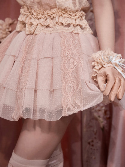 French Rococo Vintage Pink Mesh Lace Skirt Pants【s0000018009】