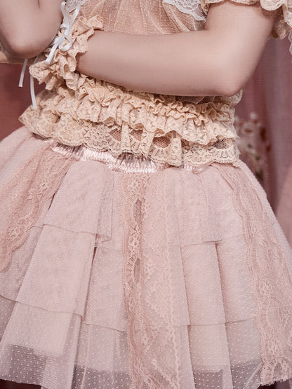 French Rococo Vintage Pink Mesh Lace Skirt Pants【s0000018009】