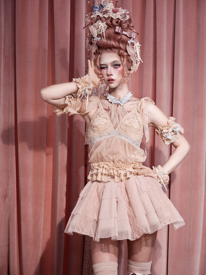 French Rococo Vintage Pink Mesh Lace Skirt Pants【s0000018009】