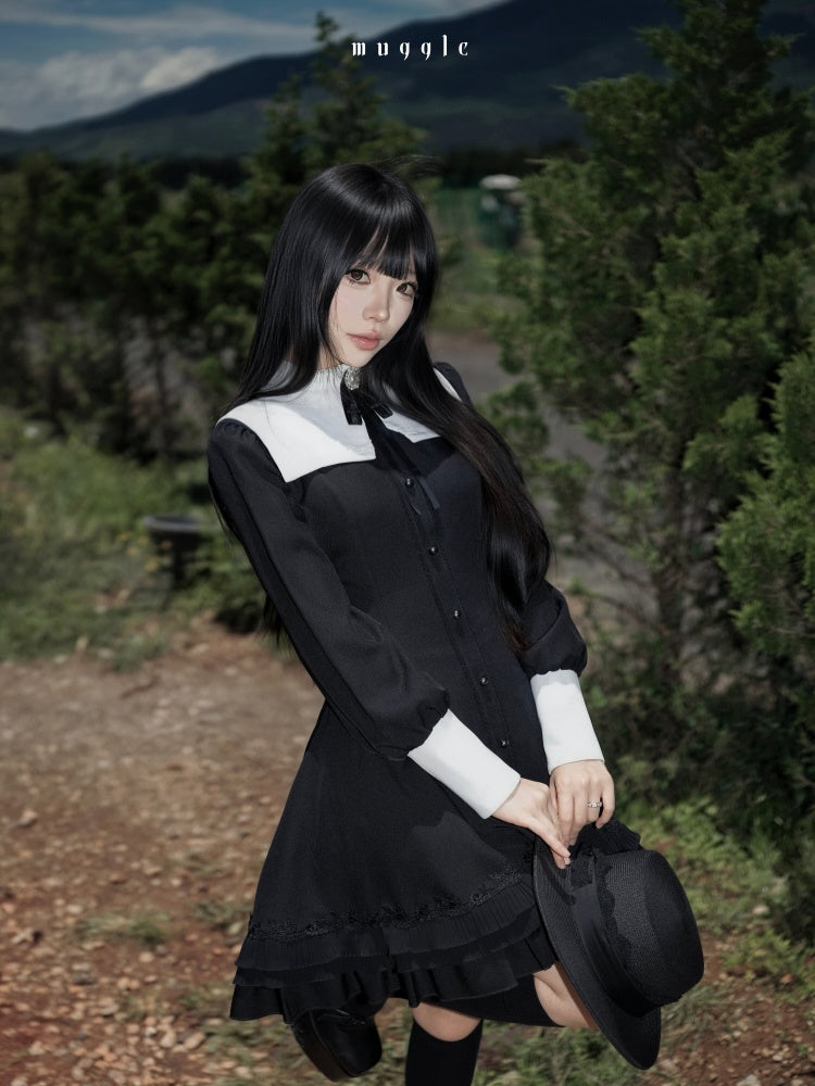 Gothic Puff Sleeve Six-Piece Waist-Cut Nun-Style Dark Dress【s0000018012】