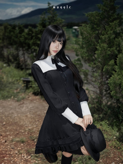 Gothic Puff Sleeve Six-Piece Waist-Cut Nun-Style Dark Dress【s0000018012】