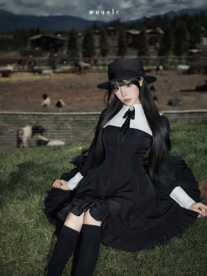 Gothic Puff Sleeve Six-Piece Waist-Cut Nun-Style Dark Dress【s0000018012】
