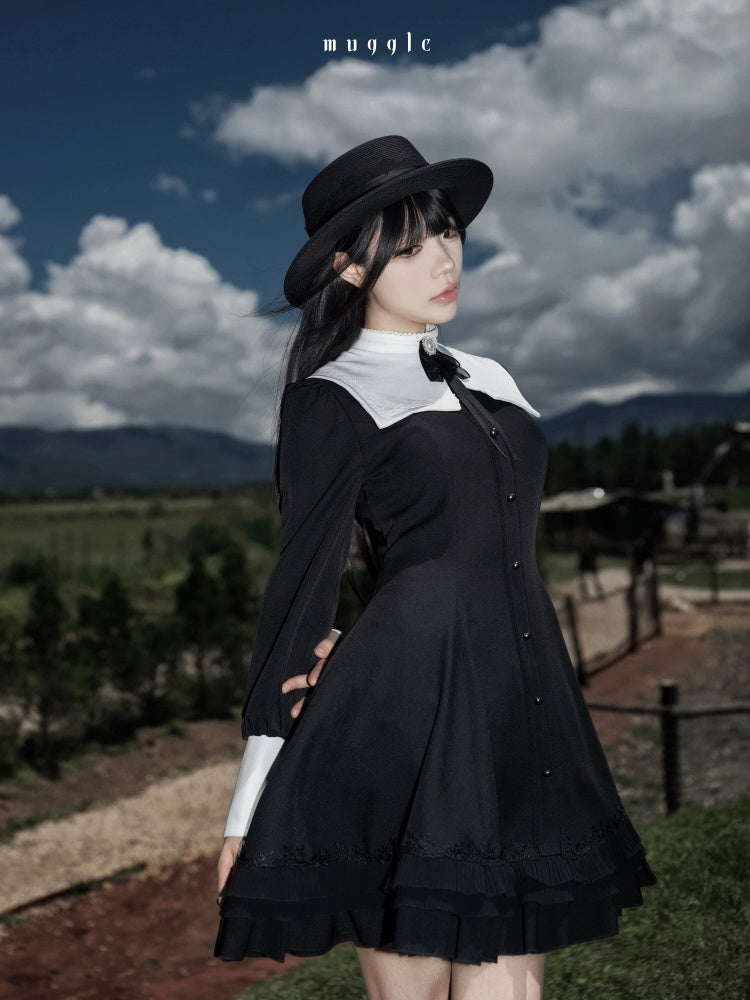 Gothic Puff Sleeve Six-Piece Waist-Cut Nun-Style Dark Dress【s0000018012】