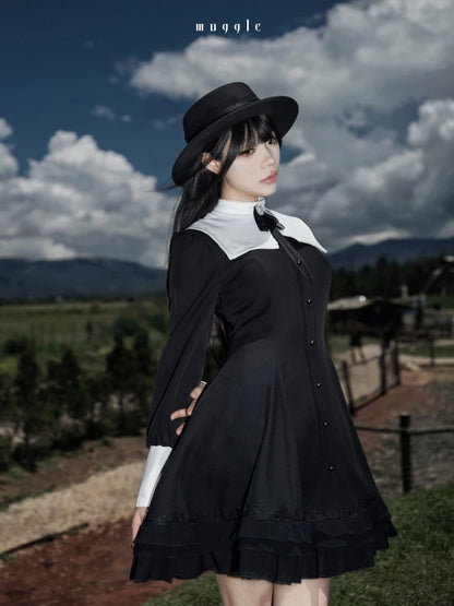 Gothic Puff Sleeve Six-Piece Waist-Cut Nun-Style Dark Dress【s0000018012】