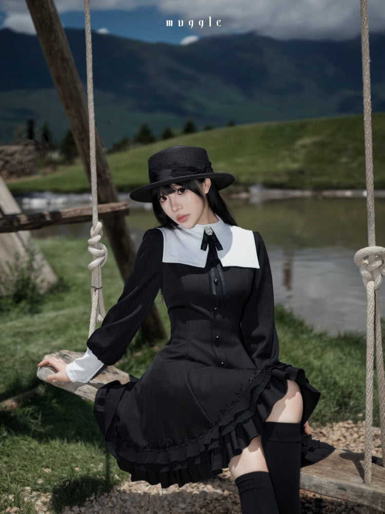 Gothic Puff Sleeve Six-Piece Waist-Cut Nun-Style Dark Dress【s0000018012】