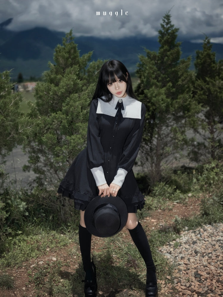 Gothic Puff Sleeve Six-Piece Waist-Cut Nun-Style Dark Dress【s0000018012】