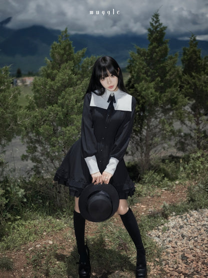 Gothic Puff Sleeve Six-Piece Waist-Cut Nun-Style Dark Dress【s0000018012】