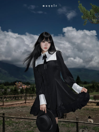 Gothic Puff Sleeve Six-Piece Waist-Cut Nun-Style Dark Dress【s0000018012】