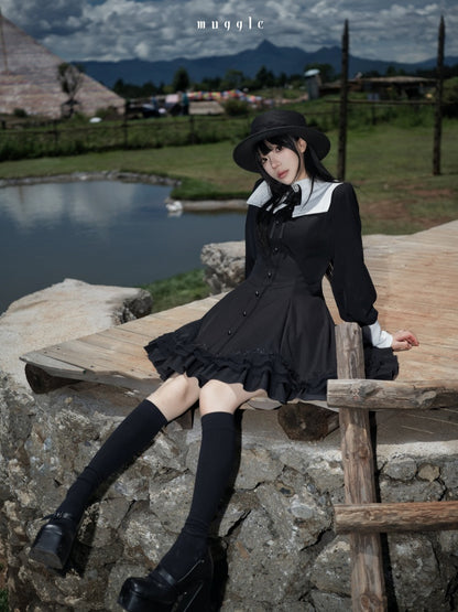 Gothic Puff Sleeve Six-Piece Waist-Cut Nun-Style Dark Dress【s0000018012】
