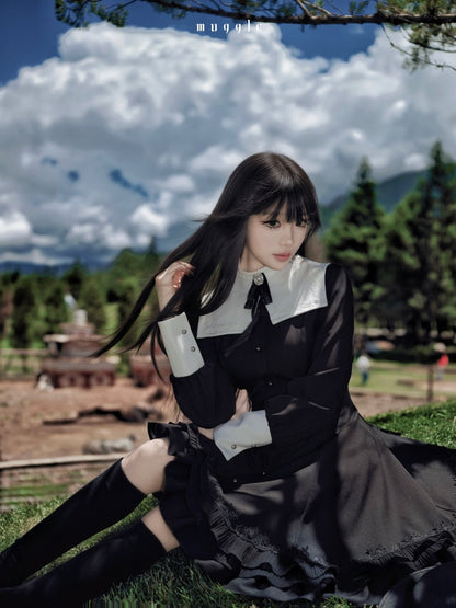 Gothic Puff Sleeve Six-Piece Waist-Cut Nun-Style Dark Dress【s0000018012】