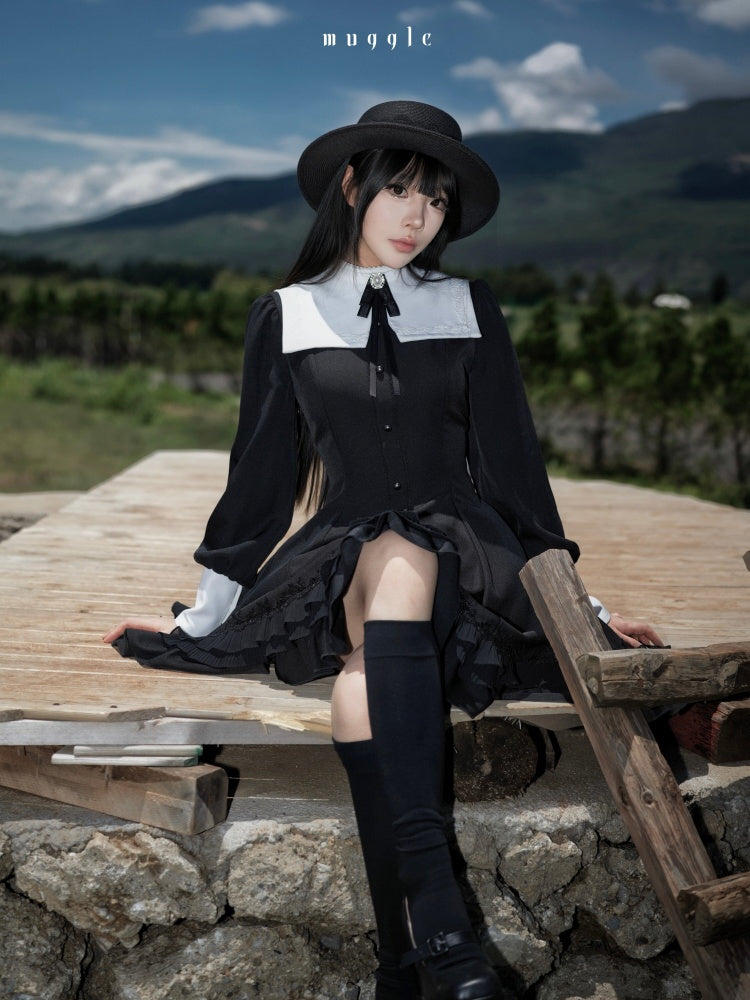 Gothic Puff Sleeve Six-Piece Waist-Cut Nun-Style Dark Dress【s0000018012】