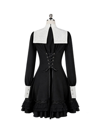 Gothic Puff Sleeve Six-Piece Waist-Cut Nun-Style Dark Dress【s0000018012】