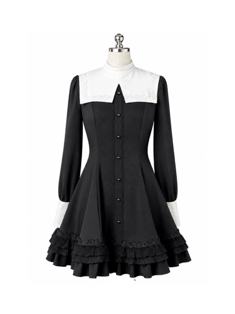 Gothic Puff Sleeve Six-Piece Waist-Cut Nun-Style Dark Dress【s0000018012】