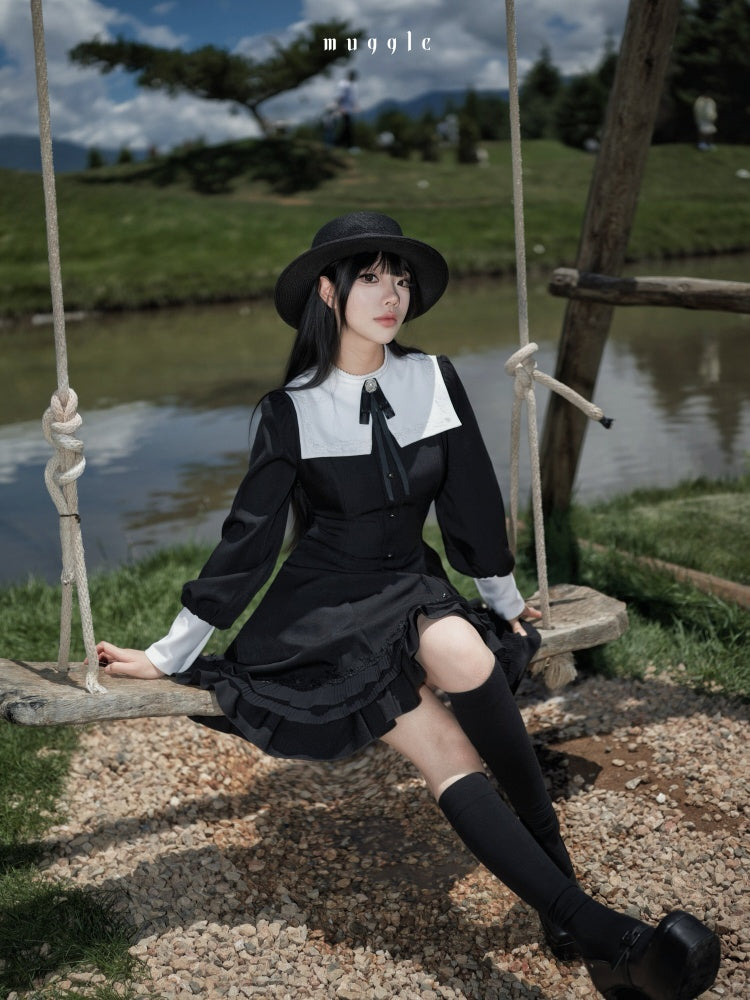 Gothic Puff Sleeve Six-Piece Waist-Cut Nun-Style Dark Dress【s0000018012】