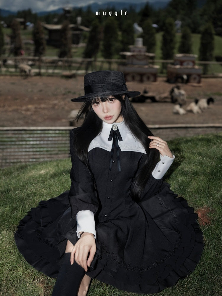 Gothic Puff Sleeve Six-Piece Waist-Cut Nun-Style Dark Dress【s0000018012】