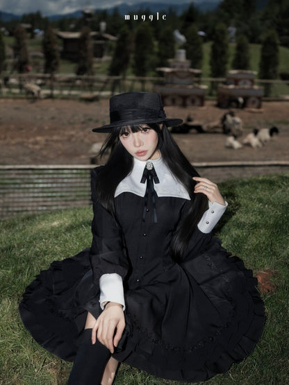 Gothic Puff Sleeve Six-Piece Waist-Cut Nun-Style Dark Dress【s0000018012】