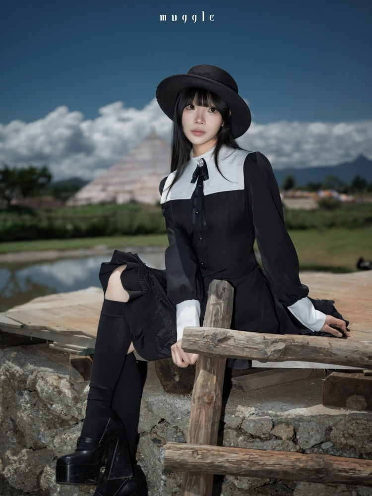 Gothic Puff Sleeve Six-Piece Waist-Cut Nun-Style Dark Dress【s0000018012】