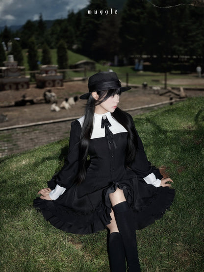 Gothic Puff Sleeve Six-Piece Waist-Cut Nun-Style Dark Dress【s0000018012】