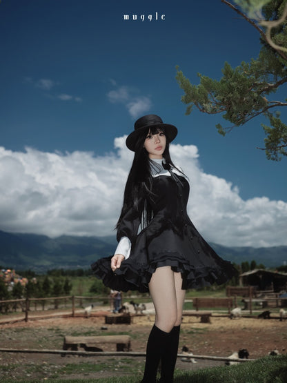 Gothic Puff Sleeve Six-Piece Waist-Cut Nun-Style Dark Dress【s0000018012】