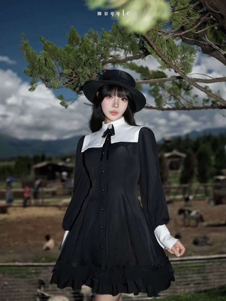 Gothic Puff Sleeve Six-Piece Waist-Cut Nun-Style Dark Dress【s0000018012】