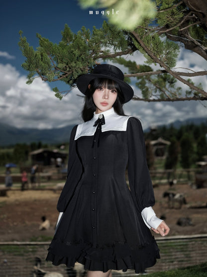 Gothic Puff Sleeve Six-Piece Waist-Cut Nun-Style Dark Dress【s0000018012】