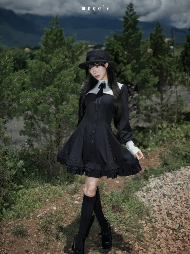 Gothic Puff Sleeve Six-Piece Waist-Cut Nun-Style Dark Dress【s0000018012】
