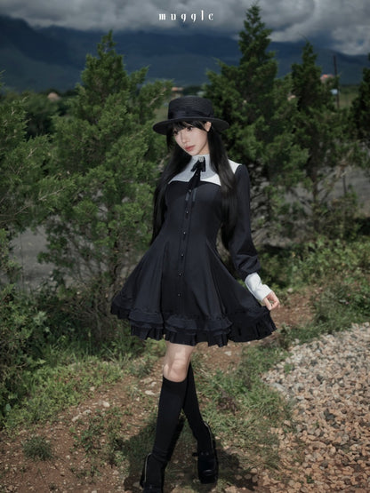 Gothic Puff Sleeve Six-Piece Waist-Cut Nun-Style Dark Dress【s0000018012】