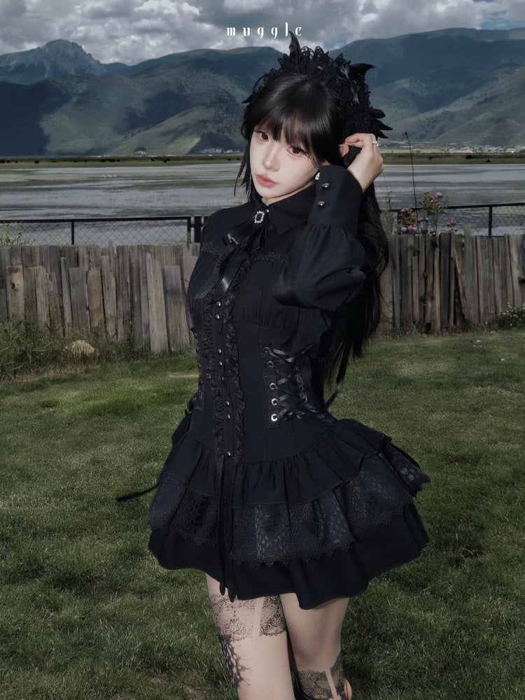 Gothic Vintage Patchwork Elegant Waist-Cinching Lace Mini Dress【s0000018013】
