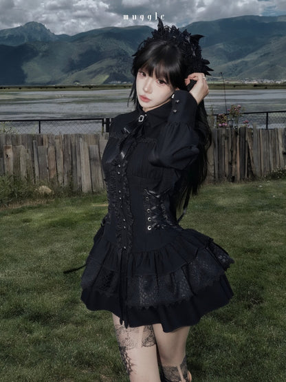 Gothic Vintage Patchwork Elegant Waist-Cinching Lace Mini Dress【s0000018013】