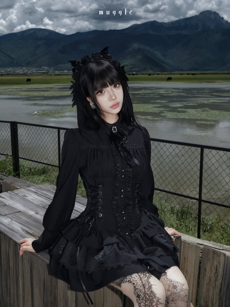 Gothic Vintage Patchwork Elegant Waist-Cinching Lace Mini Dress【s0000018013】
