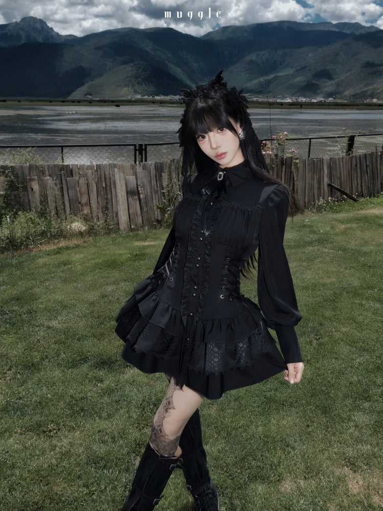 Gothic Vintage Patchwork Elegant Waist-Cinching Lace Mini Dress【s0000018013】